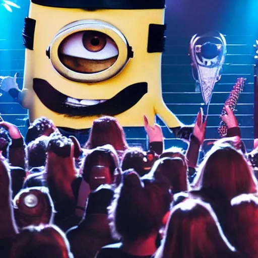 Image similar to minions as a heavy metal band from 8 0 s playing concert on wembley arena together with queen band