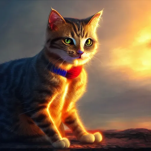 Image similar to cat - goku hybrid, genkidama, golden hour, fantasy, sharp focus, digital art, hyper realistic, 4 k, unreal engine, highly detailed, hd, dramatic lighting by brom, trending on artstation, new cats movie