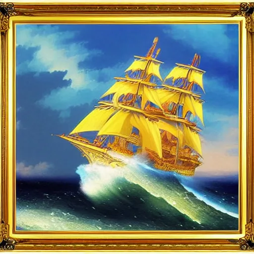 Prompt: Anime One Piece Ship, with golden Frame, made by Aivazovsky Ivan