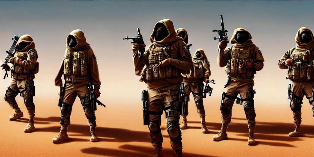 Image similar to highly detailed image of a tactical squad of hamsters dressed in tactical gear holding rifles, in a desert, stephen bliss, unreal engine, fantasy art by greg rutkowski, global illumination, detailed and intricate environment