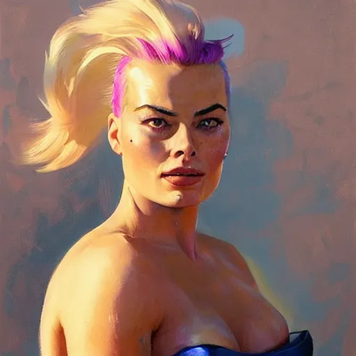 Image similar to greg manchess portrait painting of margot robbie as zarya from overwatch, medium shot, asymmetrical, profile picture, organic painting, sunny day, matte painting, bold shapes, hard edges, street art, trending on artstation, by huang guangjian and gil elvgren and sachin teng