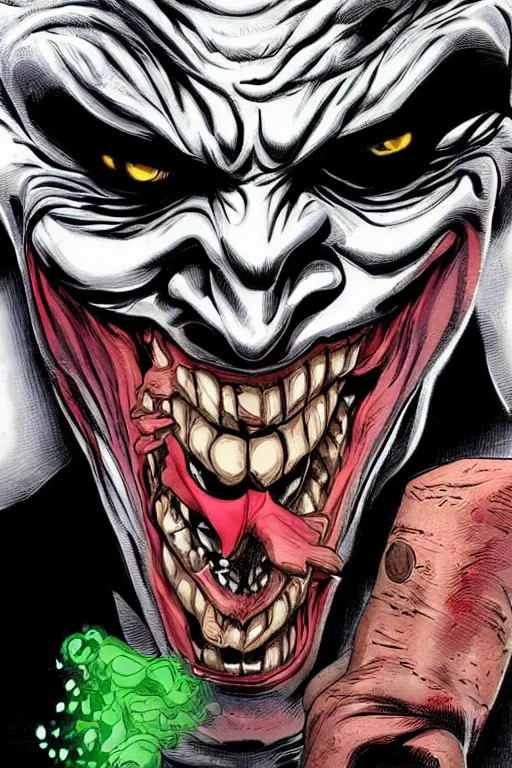 Prompt: angry joker, clenching teeth, with ghost smokes behind, illustration, jason fabok style, fantasy color scheme