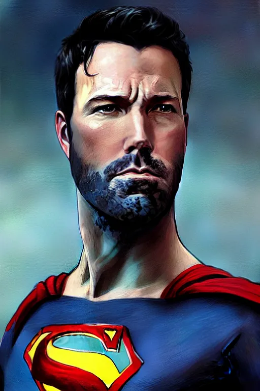 Image similar to ben affleck as superman, portrait,, highly detailed, digital painting, artstation, concept art, smooth, sharp focus, illustration, cinematic lighting, art by artgerm and greg rutkowski and alphonse mucha