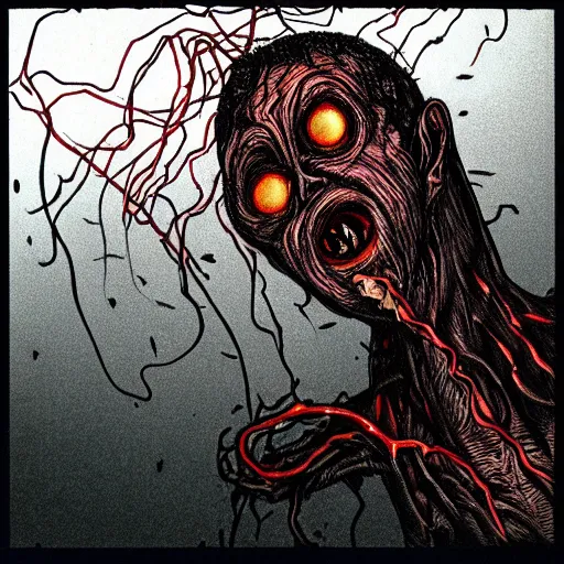 Image similar to hyper detailed filmic wide shot 30mm color film photograph of a bundle of dangerous gorey shape shifting alien tendrils violently puncturing a male 70-year-old doctor directly in the eyeball, spewing sanguine fluid all over the place, doctor is wearing a lab coat under dreary fluorescent lights in the style of a horror film still
