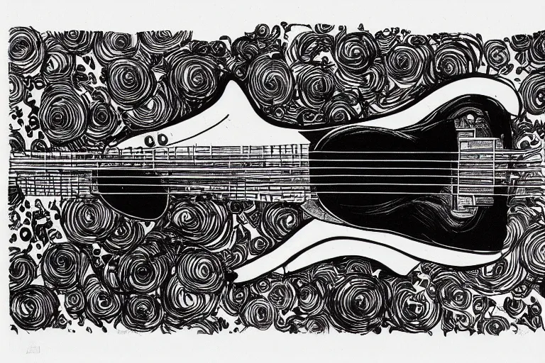 Image similar to technical drawing of a guitar, black ink on textured paper, high detail, sketch, intricate, art by Joe Fenton and syd mead