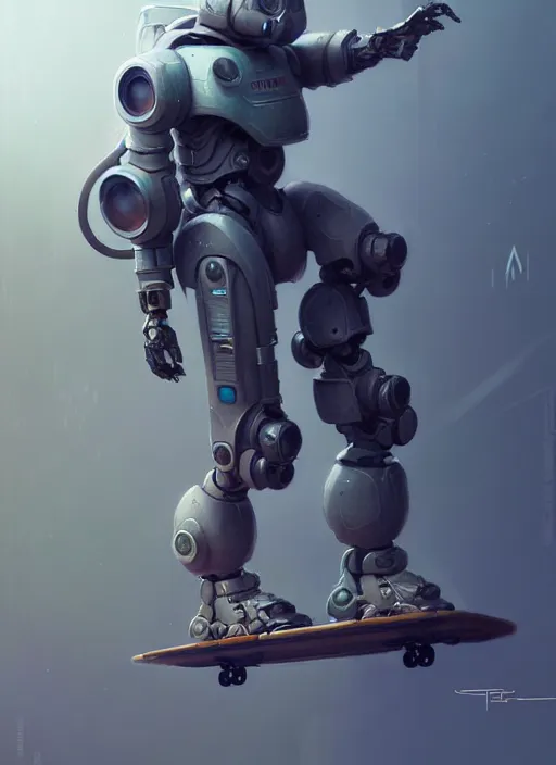 Prompt: a mech suit skateboarding, diffuse lighting, fantasy, highly detailed, photorealistic, digital painting, artstation, illustration, concept art, smooth, sharp focus, in the style of tom bagshaw