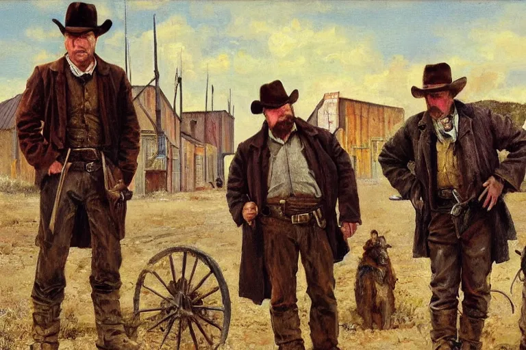 Prompt: fredrick remington oil painting of phillip seymour hoffman and two bandits in a busy old west town