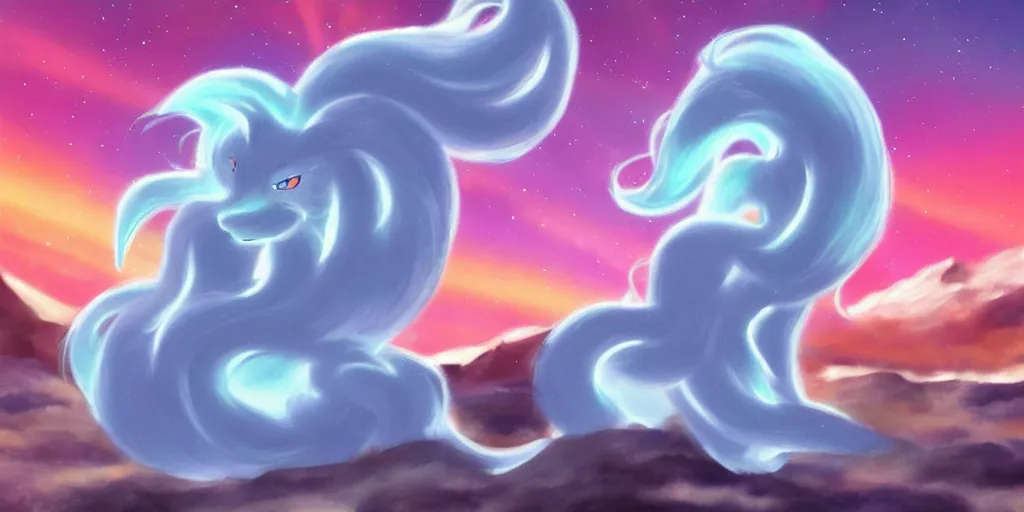 Image similar to Alolan Ninetales shiny, standing on an snowy hill with an aurora borealis in the night sky, Pokémon,