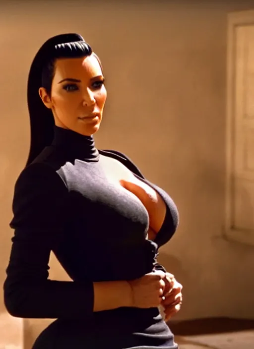 Prompt: film still of kim kardashian as clint eastwood in the movie a fist full of dollars, full-shot, 4k