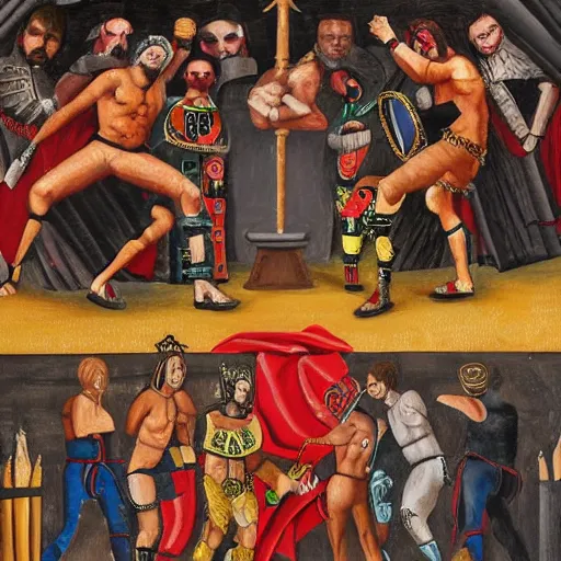 Prompt: lucha bros versus the young bucks aew, medieval painting, oil painting