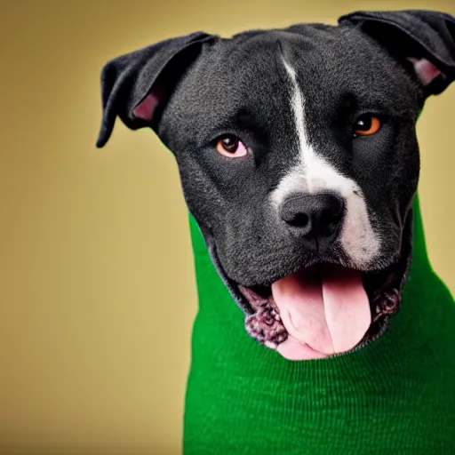 Prompt: American Staffordshire terrier wearing a green sweater, 8k