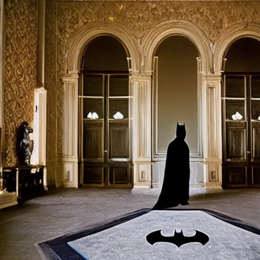 Image similar to Batman standing in giant Italian modern castle living room, clean minimalist design, that is 1300 feet tall, with very tall giant walls filled with modern art paintings, doors that are cosmic portals, photo by Annie Leibovitz