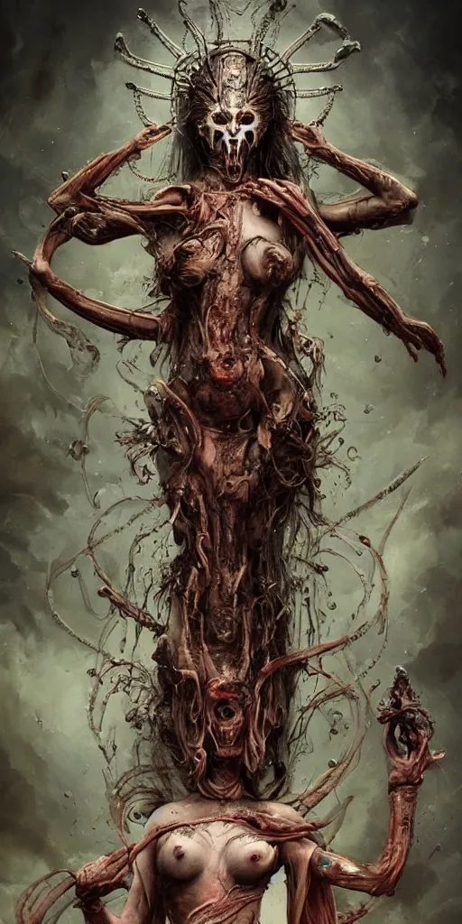 Prompt: an epic goddess with 4 arms holding a ceremonial athame in the air,beautiful and terrifying,melting sinew,full character design,8k,by Stanley Artgermm,Tom Bagshaw,Gerald Brom,Carne Griffiths,Ron English,Linsey Levendall,Giger,trending on DeviantArt,face enhance,hyper detailed,minimalist,horror,full of colour,cinematic,dynamic lighting