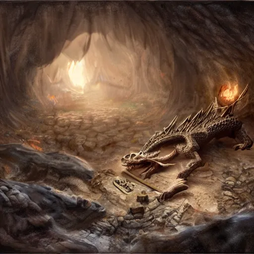 Image similar to a dragon protecting its treasure pile in a cave with bones scattered across the floor, matte painting.