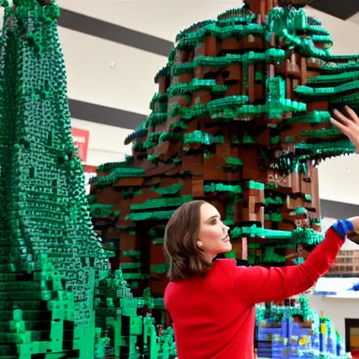 Image similar to Natalie Portman building a giant tree of LEGO