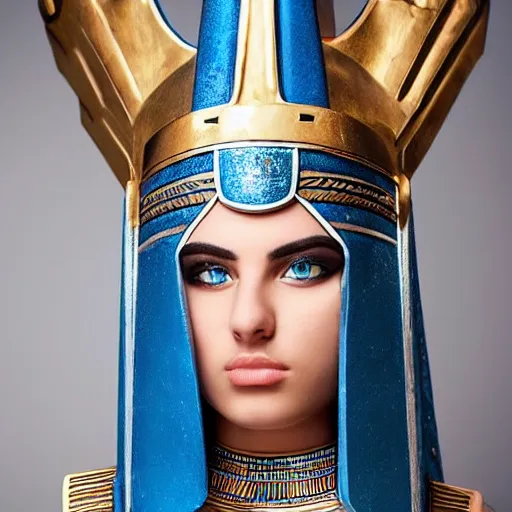 Prompt: perfect white haired attractive egyptian goddess warframe armor pharaoh headdress beautiful symmetric model like blue instense eyes pretty