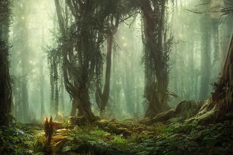 Image similar to forest, cyberpunk in foliage, illustrated by Greg Rutkowski and Ferdinand knab, Ivan Shishkin, double exposure, Trending on artstation, artstationHD, artstationHQ