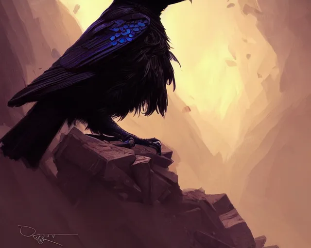 Image similar to highly detailed black raven bird, deep focus, d & d, fantasy, intricate, elegant, highly detailed, digital painting, artstation, concept art, matte, sharp focus, illustration, hearthstone, art by artgerm and greg rutkowski and alphonse mucha