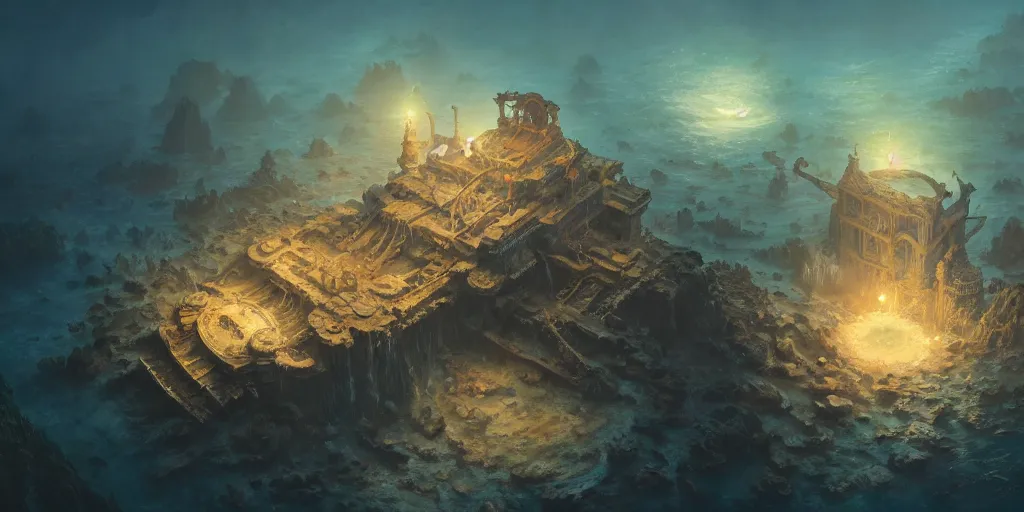 Prompt: a highly detailed artstation concept art 8 k render of lost city deep seabed, james paick, greg rutkowski, sunken ship, whale, coral, jellyfish, cinematic lighting, peter mohrbacher, game asset, unreal engine, illustration, digital painting, sharp focus,, golden ratio, mythological, ultra realistic
