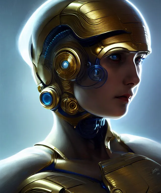 Image similar to futuristic woman android portrait, sci-fi female, azure eyes, face, short hair tomboy, cyberpunk, intricate, elegant alabaster skin, highly detailed gold filigree, digital painting, artstation, concept art, smooth, sharp focus, illustration, art by artgerm and greg rutkowski and alphonse mucha