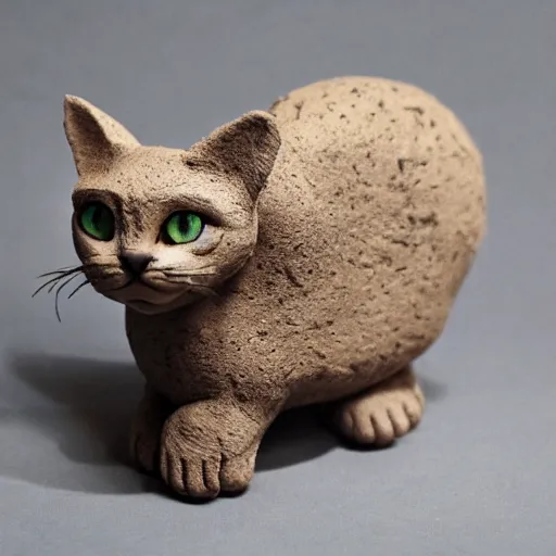 Image similar to medium - shot realistic clay cat, full body, walking, rough, handmade, fingerprints on clay, masterpiece, artistic, museum, highly detailed, hq, by adam beane