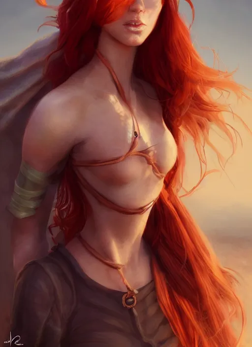 Prompt: Redhead girl which chest wrapped in bandages in desert, portrait, fantasy, medieval, vivid colors, fantasy, elegant, concept art, sharp focus, beautiful face, digital art, Hyper-realistic, 4K, Unreal Engine, Highly Detailed, HD, Dramatic Lighting by Brom, trending on Artstation