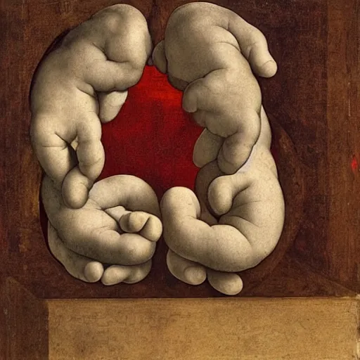 Prompt: hands folded in the shape of a heart in a bright spring room, wrote renaissance michelangelo