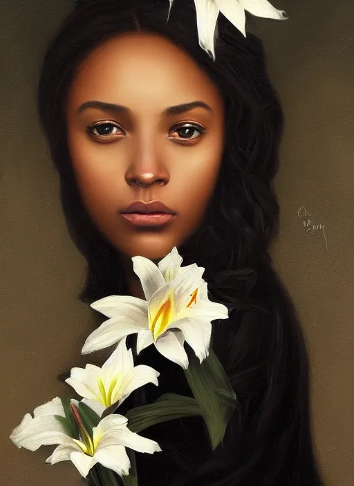 Prompt: oil painting close up portrait of a contemplative young black woman with long dark flowing hair in a black dress, surrounded by white lilies!! at sunset, hazy, digital art, chiaroscuro, artstation, cinematic, golden hour, digital art painting by greg rutkowski, william - adolphe bouguereau, hazy atmosphere, cinematic lighting