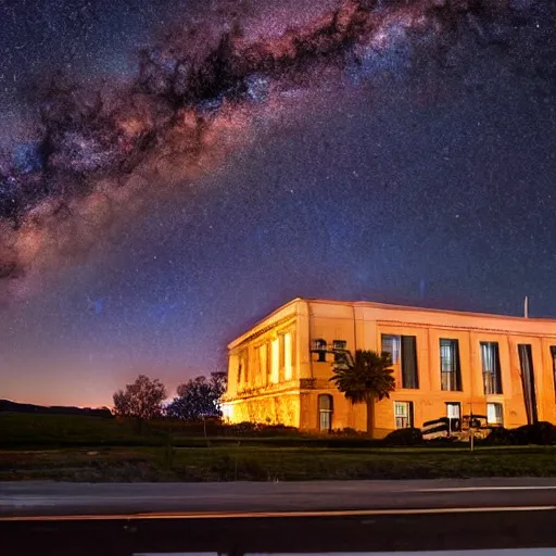 Image similar to courthouse on fire at night with the milky way in the sky, award winning photo, 8k hyperrealistic