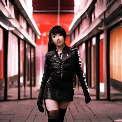 Image similar to a dynamic, epic cinematic 8K HD movie shot of a japanese young J-Pop idol girl wearing leather jacket, miniskirt, nylon tights and high heels boots. Motion, VFX, Inspirational arthouse