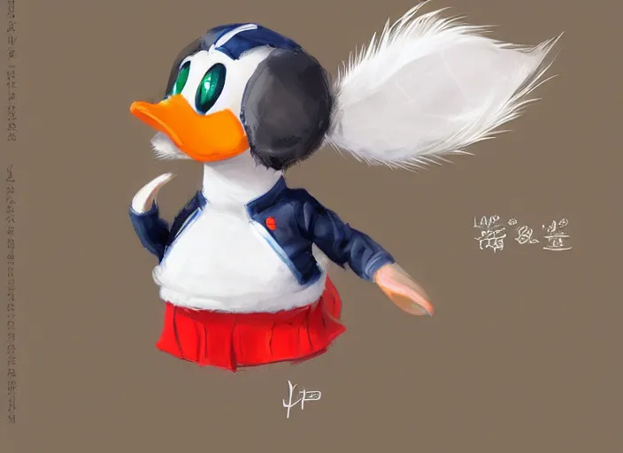 Image similar to detailed concept art of a cute iconic anthropomorphic duck character wearing a sailor suit by wlop on bcy. net, realistic. feathers, art by cheng yi. artstationhd