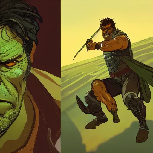 Image similar to [Don Quijote as The Hulk as GTA character, closeup, D&D, intricate, elegant, highly detailed, digital painting, artstation, concept art, matte, sharp focus, illustration, art by Artgerm and Greg Rutkowski and Alphonse Mucha and Enki Bilal]