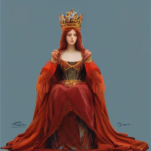 Image similar to Regal fiery bird, sitting on a throne with a crown on her head, Pre-Raphaelite, matte painting, trending on artstation