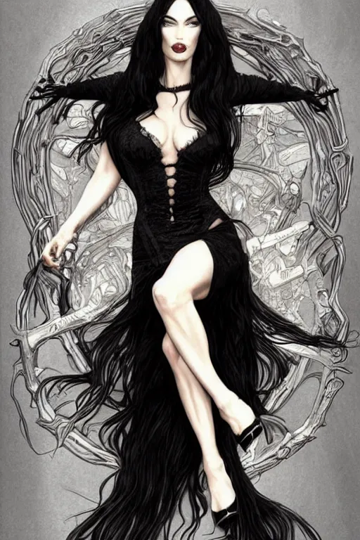 Prompt: ultra realistic illustration, a full body portrait of megan fox as morticia addams as death of the endless, the sandman, intricate, elegant, highly detailed, digital painting, artstation, concept art, smooth, sharp focus, illustration, art by artgerm and greg rutkowski and alphonse mucha