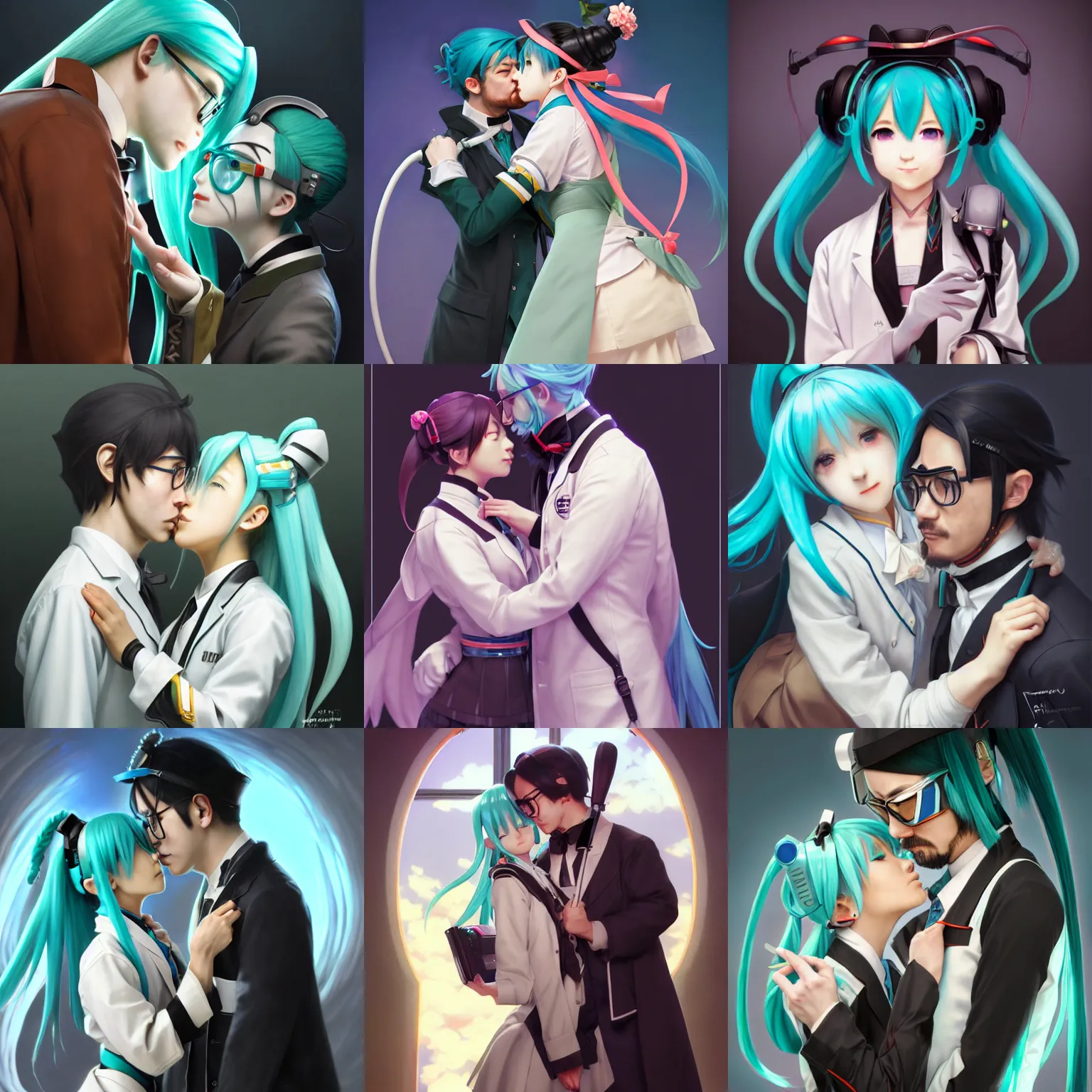 Prompt: hatsune miku in victorian garb kissing gordon freeman in a lab coat, highly detailed, professional digital painting, unreal engine 5, photorealism, hd quality, 8 k resolution, cinema 4 d, 3 d, cinematic, art by artgerm and greg rutkowski and alphonse mucha and loish and wlop