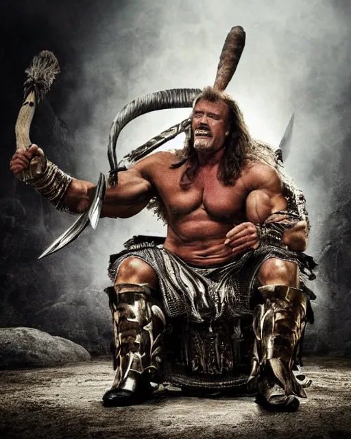 Image similar to arnold schwarzenegger as king conan, directed by john millius, photorealistic, sitting on a metal throne, wearing ancient cimmerian armor, a battle axe to his side, he has a beard and graying hair, on the floor in front of him is an armored komodo dragon, cinematic photoshoot in the style of annie leibovitz, studio lighting