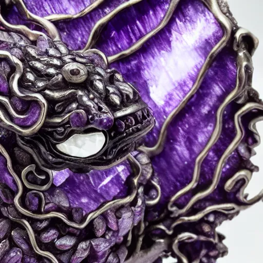 Prompt: detail miniature amethyst sculpture of a dragon, full view, high detail