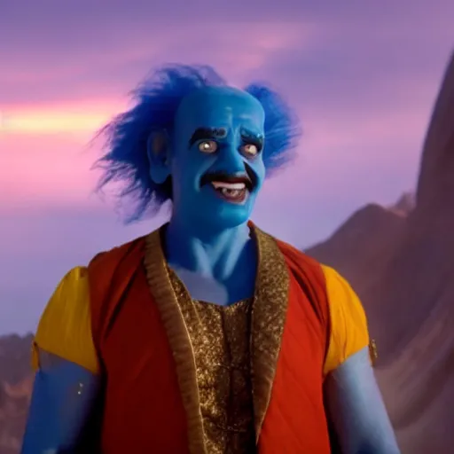 Prompt: doc brown as genie with blue skin in the movie aladdin, movie still 8 k hdr atmospheric lighting