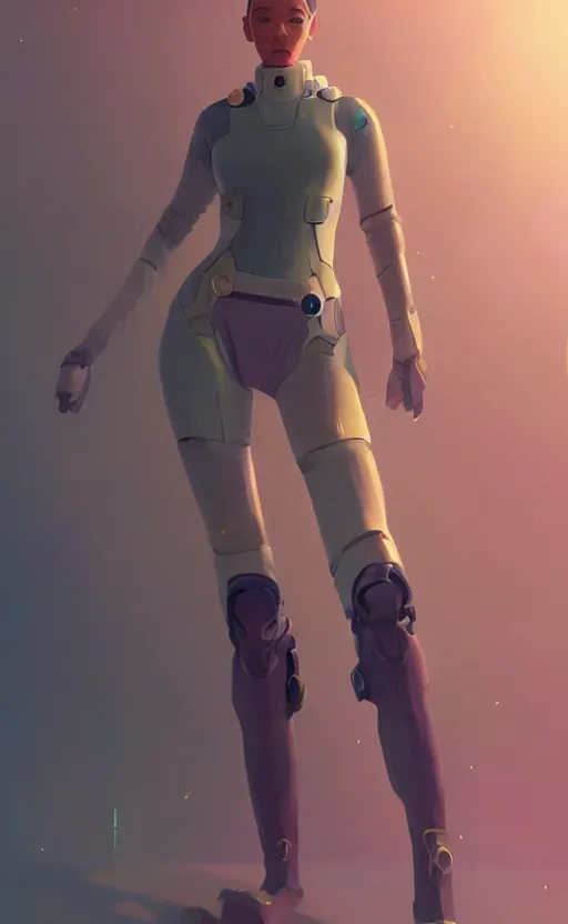 Prompt: sci fi female character, muted colored bodysuit, sci-fi oversized mechanical boots that go up to the thigh that are thick and clunky, soft lighting, wojtek fus, by Makoto Shinkai and Ilya Kuvshinov,