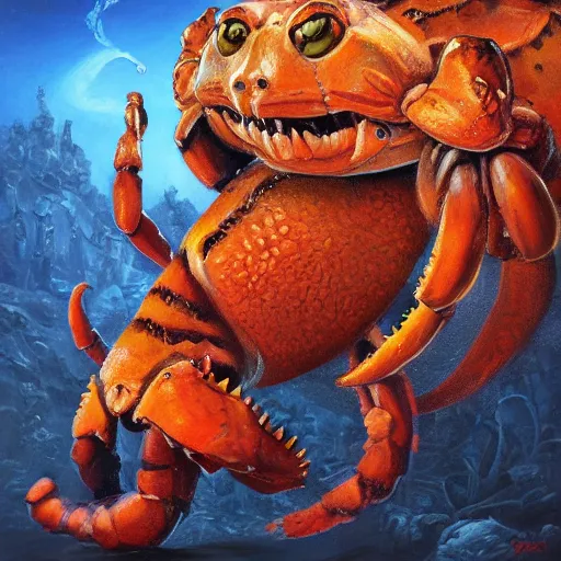 Image similar to tiger - crab creature, oil painting by justin gerard