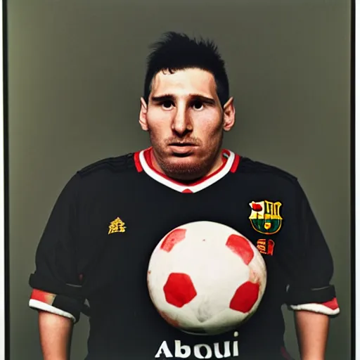 Image similar to a portrait of obese lionel messi by nobuyoshi araki