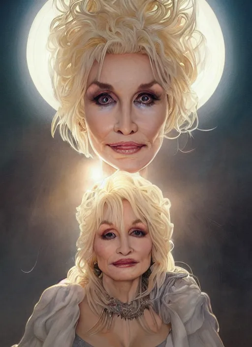 Image similar to Portrait of Dolly Parton, white glowing eyes, fantasy, extremely detailed, digital painting, artstation, concept art, smooth, sharp focus, illustration, stunning lighting, art by artgerm and greg rutkowski and alphonse mucha and simon stalenhag, realistic character concept, high fantasy, light atmosphere, golden ratio, cinematic lighting, hyperdetailed, high resolution, insanely detailed and intricate, artstation, Marc Simonetti, Greg Rutkowski, 8k