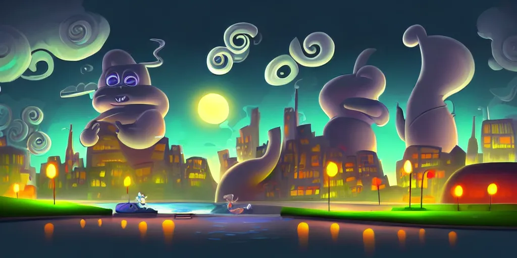 Image similar to nightscape chubby cartoon concept art, wall with drain on the edge of the river, spiral clouds, sam and max, liquid smoke