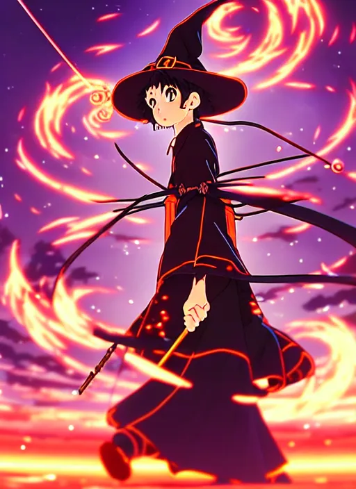 Image similar to key anime visual portrait of an adult witch defending with magic, dynamic pose, cinematic, film grain, designed by yoh yoshinari, detailed, intricate, at night, dramatic lighting