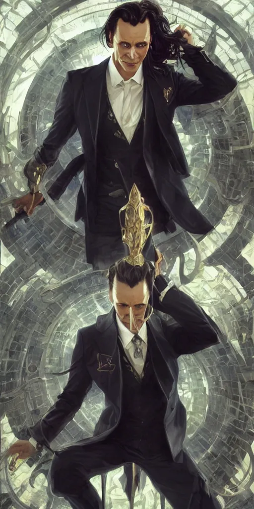 Image similar to Loki in a business suit, artists portrait, fantasy, highly detailed, digital painting, concept art, sharp focus, depth of field blur, illustration, art by artgerm and greg rutkowski and alphonse mucha