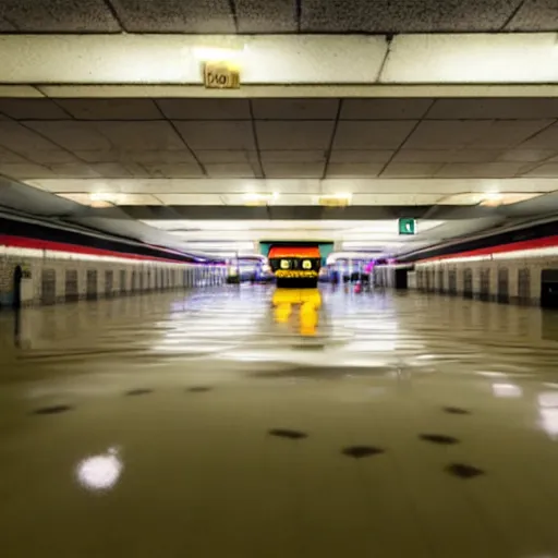 Prompt: photo of a subway station, the floor is flooded with one meter deep water. eerie, volumetric lighting