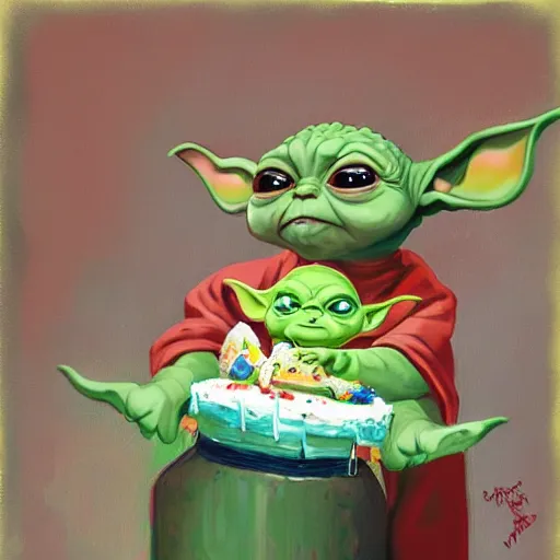 Image similar to (baby yoda grogu) smashing birthday cake into his face, happy birthday, happy birthday candles, mischievous, inquisitive, devious, hilarious, funny, birthday PRESENTS, style of Ralph Horsley, by Ralph Horsley