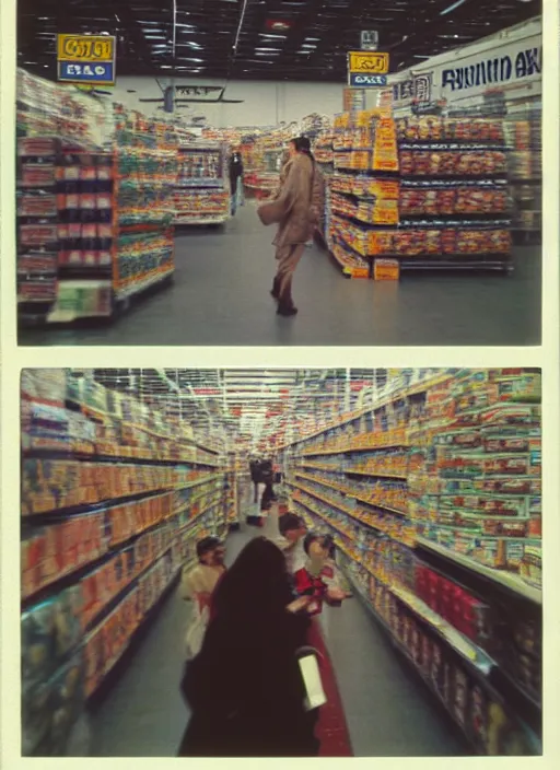 Image similar to first person view. walking through a costco in 1 9 9 7. blurry polaroid. simple composition. wes anderson