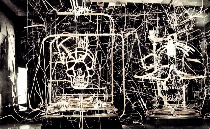 Image similar to photograph of a skull machine built by basquiat perfect composition masterpiece dramatic lighting