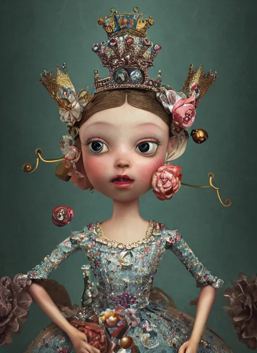 Image similar to closeup portrait of tin toy fairytale princess wearing a crown, depth of field, zeiss lens, detailed, symmetrical, centered, fashion photoshoot, by ray caesar, nicoletta ceccoli, mark ryden, lostfish, breathtaking, 8 k resolution, extremely detailed, beautiful, establishing shot, artistic, hyperrealistic, octane render